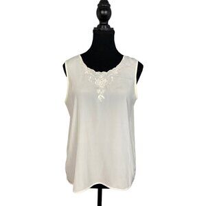 Vintage 90s Ivory Floral Embroidered Sleeveless Blouse Tank Top Medium